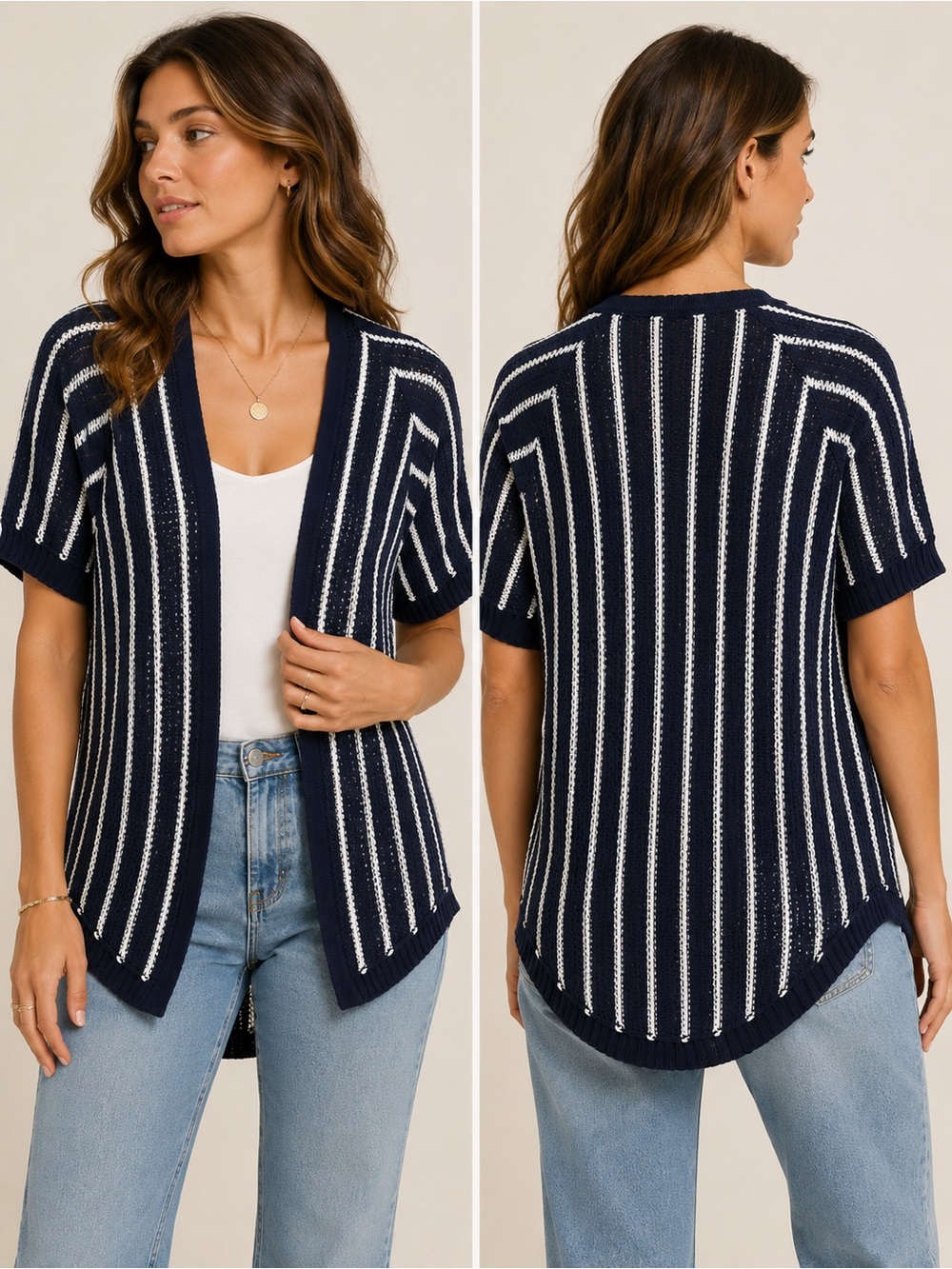 Navy & White Striped Open-Front Short-Sleeve Sweater small